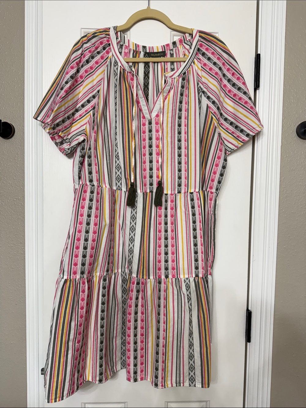 Striped Tassel Tiered Dress - Pink, Yellow, Black, Cream